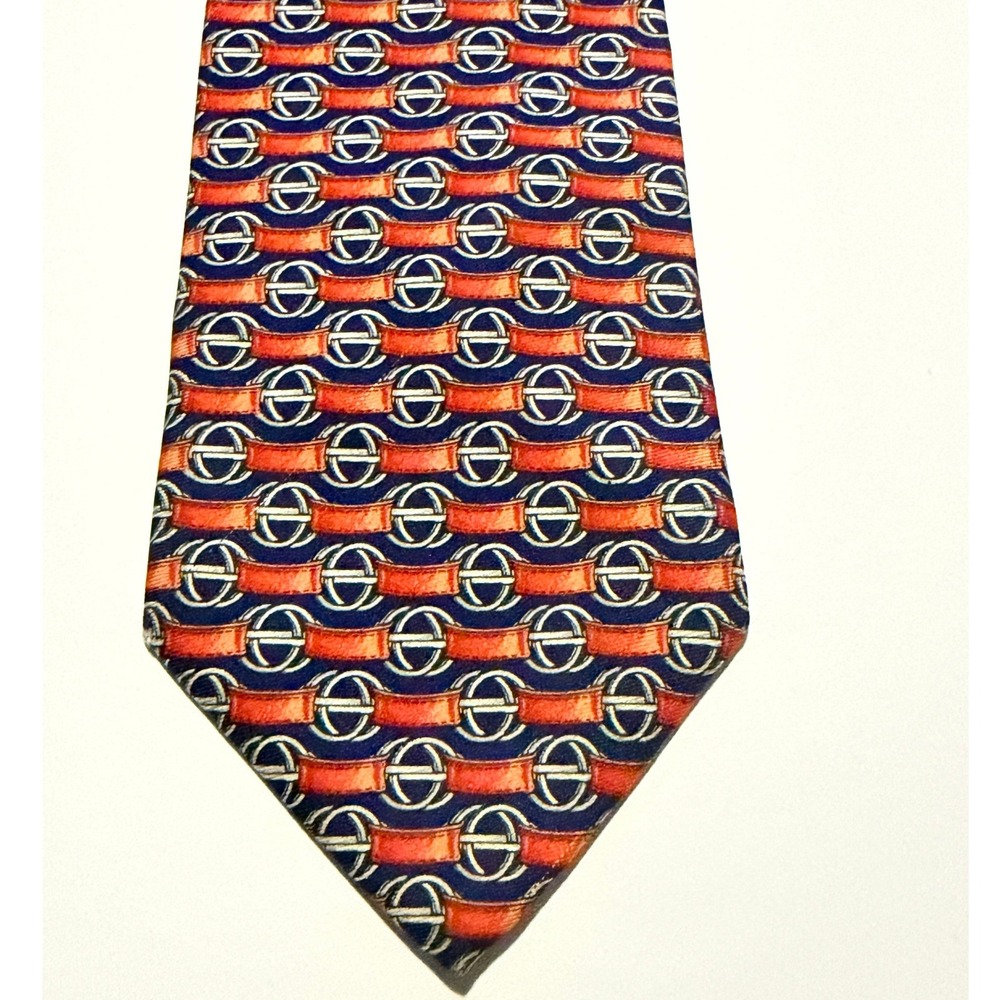 Brooks Brothers Silk Tie Navy Orange Geometric Chain Link Made in USA
